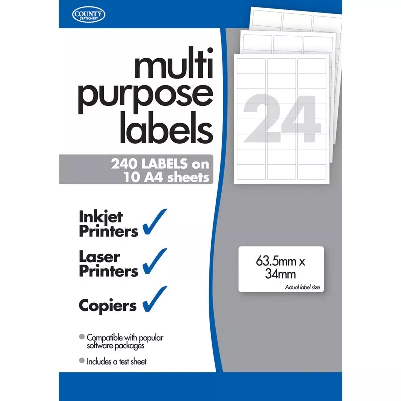 10 Sheets of Multipurpose Printer Labels TwentyFour/24 Per Sheet