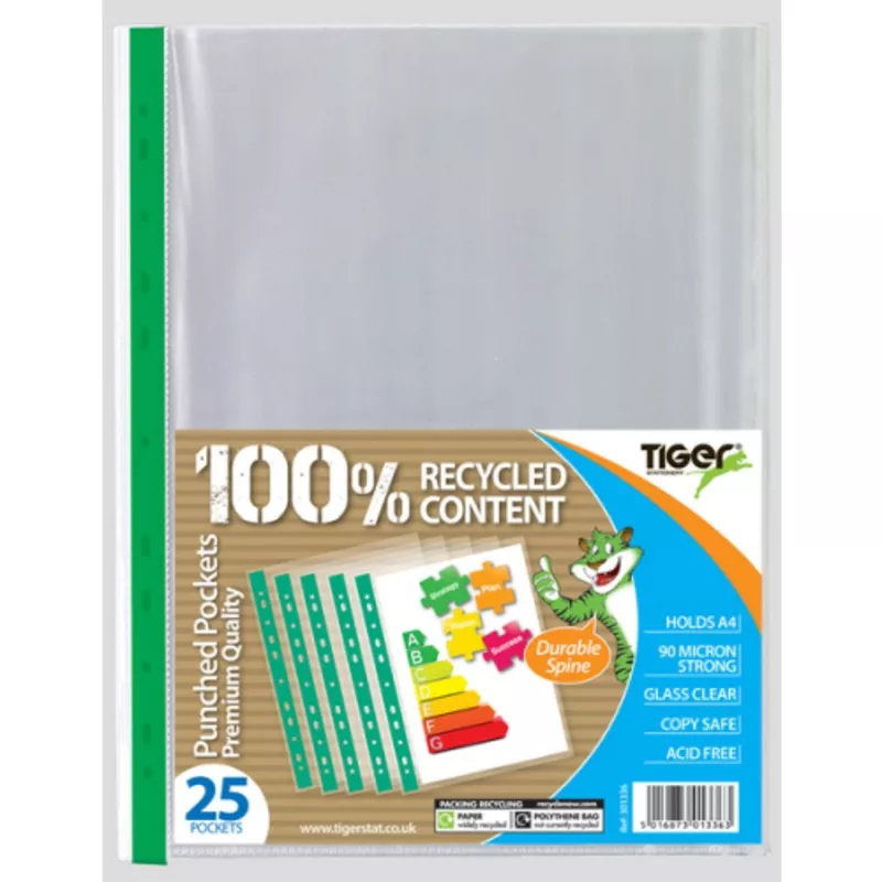 25 Tiger A4 Premium Glass Clear Punched Pockets