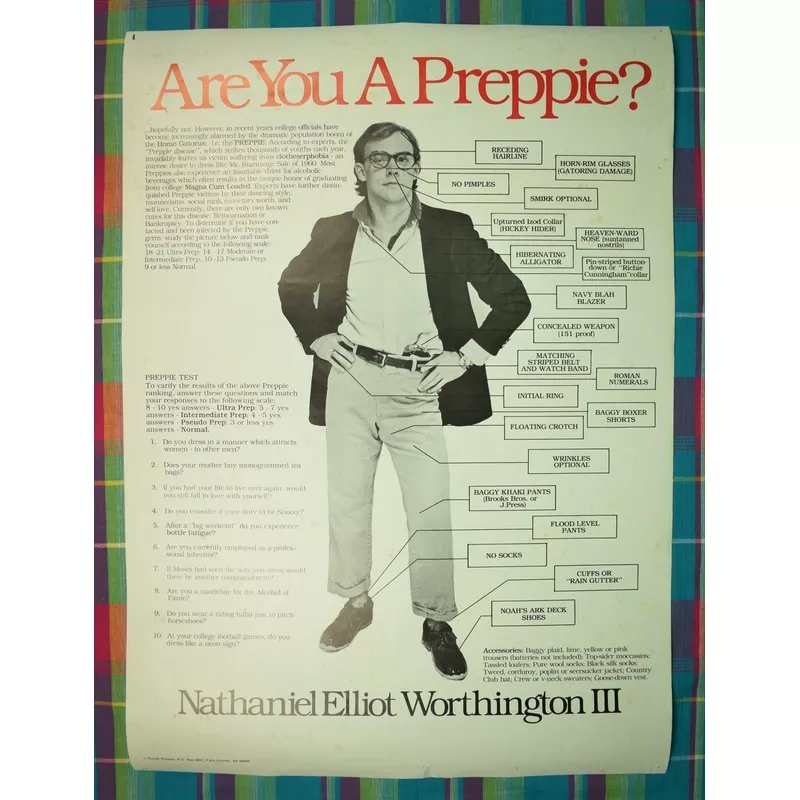 "Are You A Preppie?" Nathaniel Elliot Worthington III c1979 Poster (NOS) (SOLD)