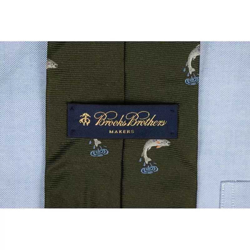"Brooks Brothers Leaping Trout Olive Italian Silk Twill Tie"