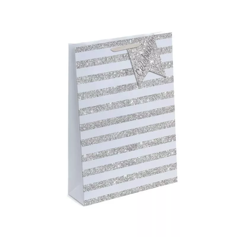 Celebrate Silver Stripe Glitter Design Extra Large Gift Bag