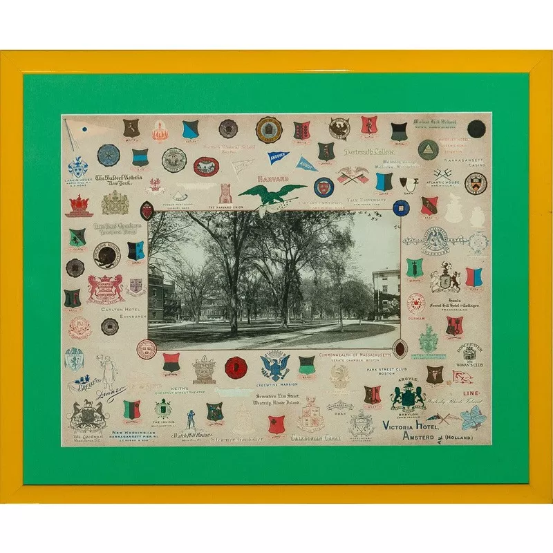 "Letterhead Crests Surrounding B&W Photo of Harvard Yard"