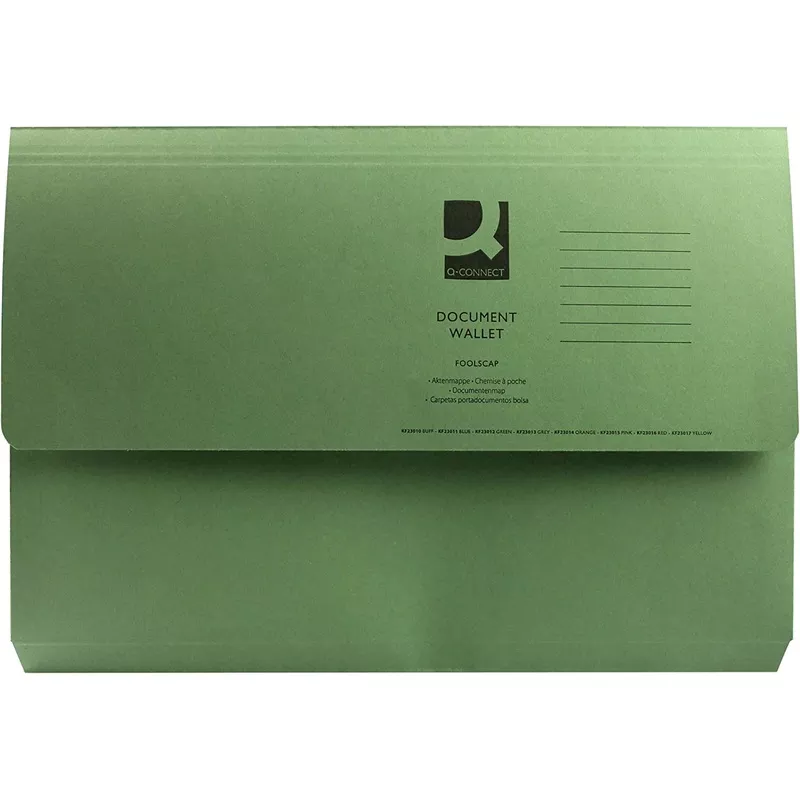 Pack of 50 Q-Connect Foolscap Green Document Wallets